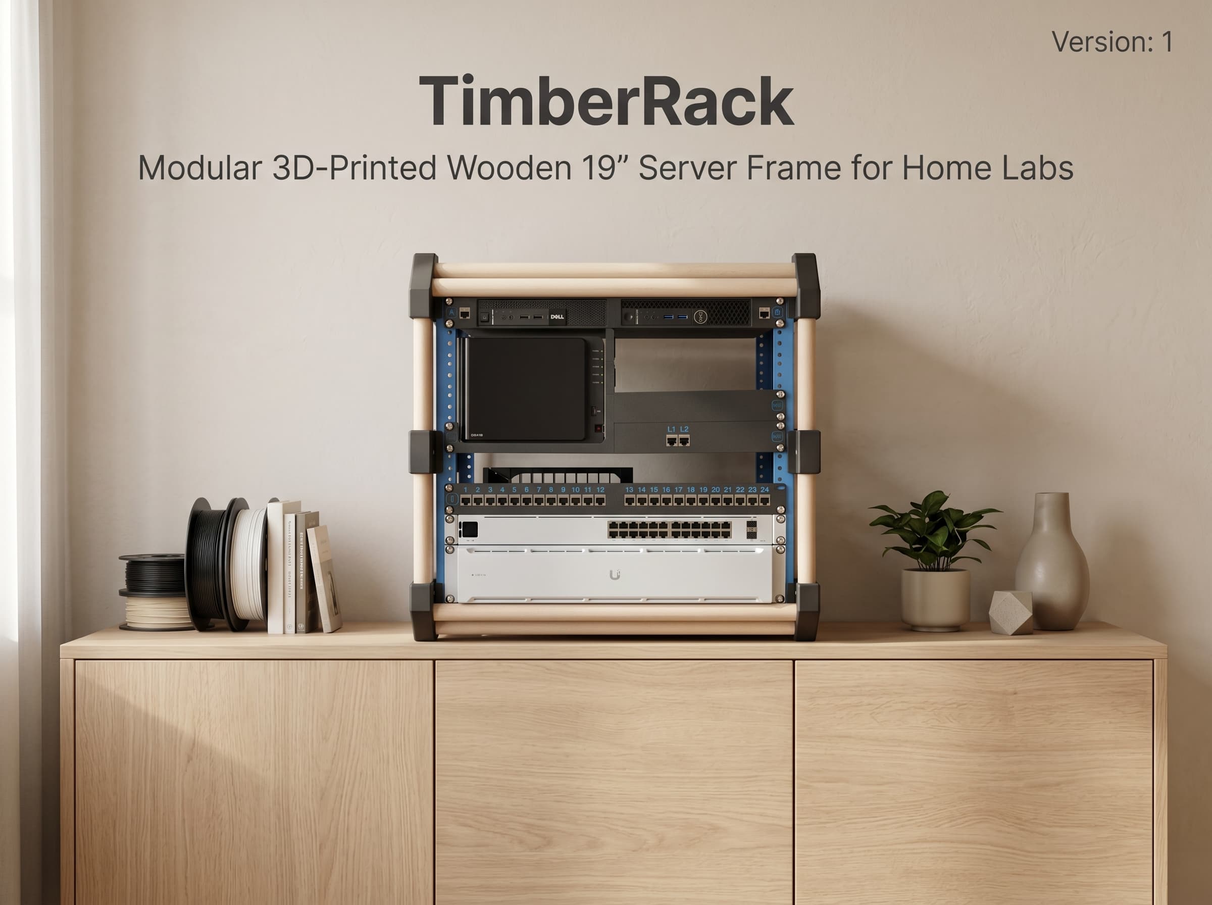 TimberRack Serverrahmen mit Netzwerkhardware auf einem Holzschrank